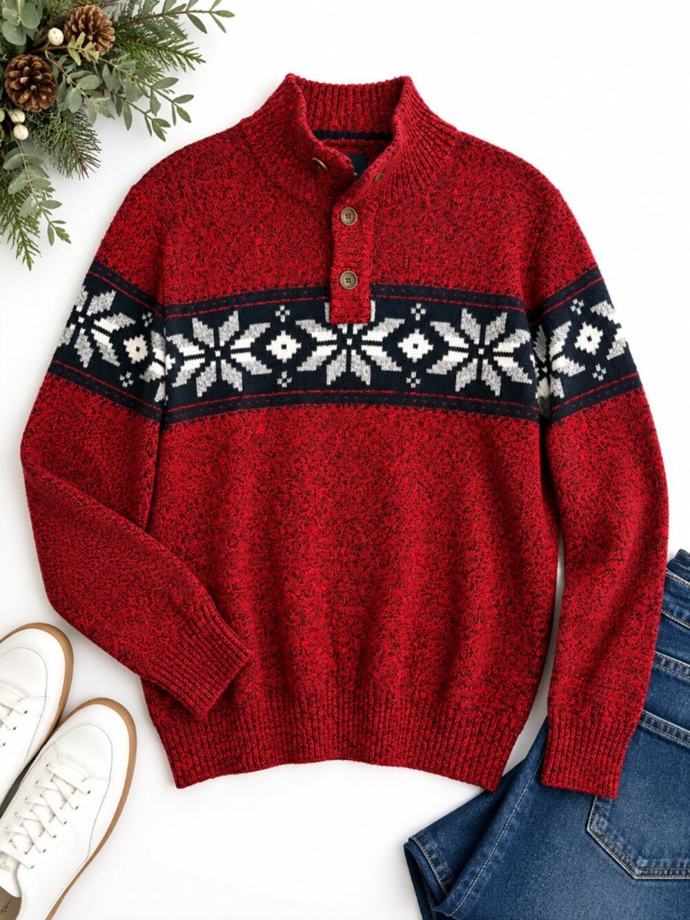 American Eagle Medium Red Fair Isle Nordic Button Mock Neck Sweater Mens